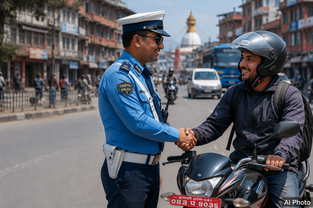 ड्युटीका बेला ट्राफिक प्रहरीले सेवाग्राहीसँग हात नमिलाउन निर्देशन